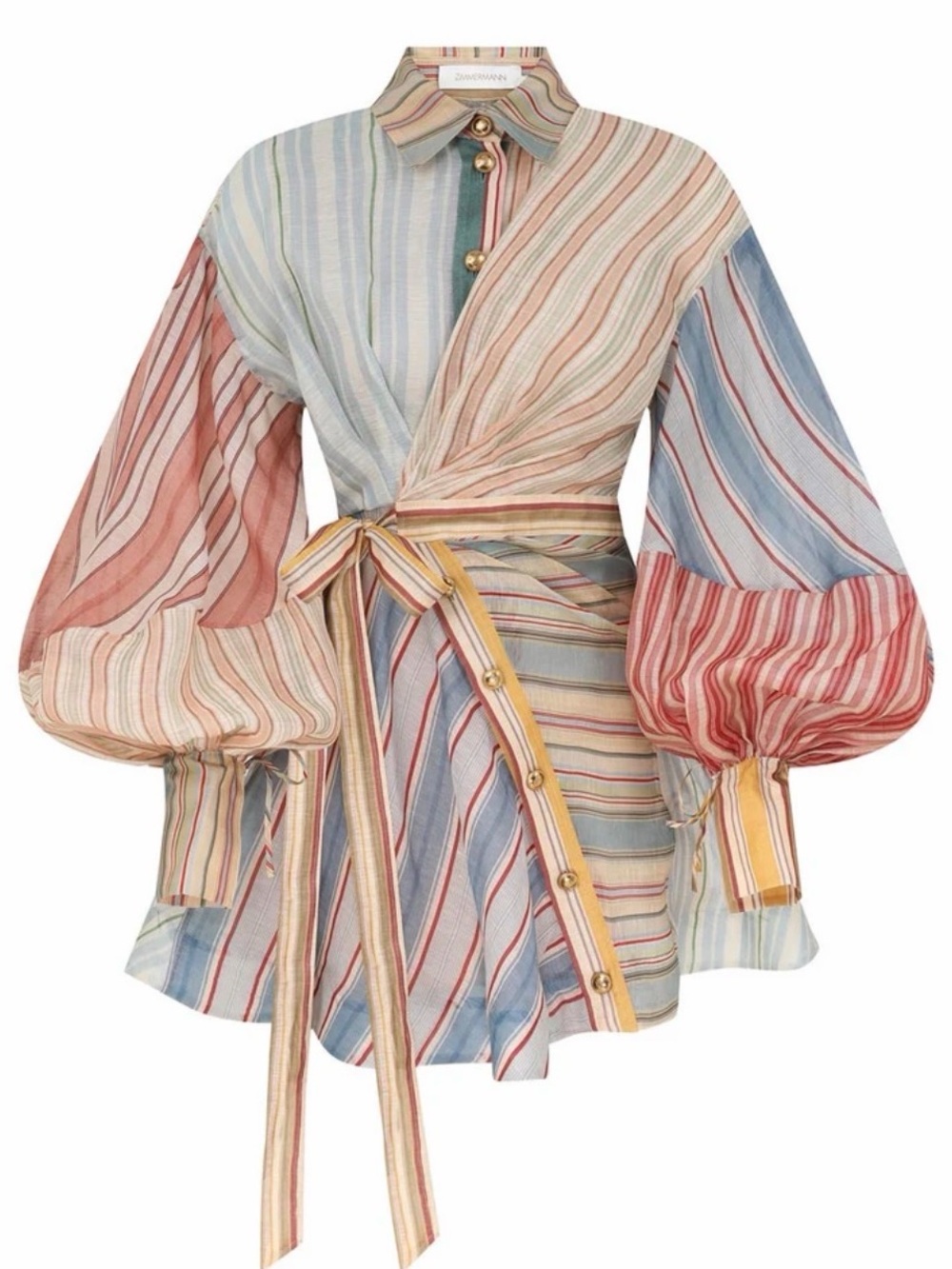 Zimmermann Pastel Multistripe Wrap Blouse with Balloon Sleeves: FIRM